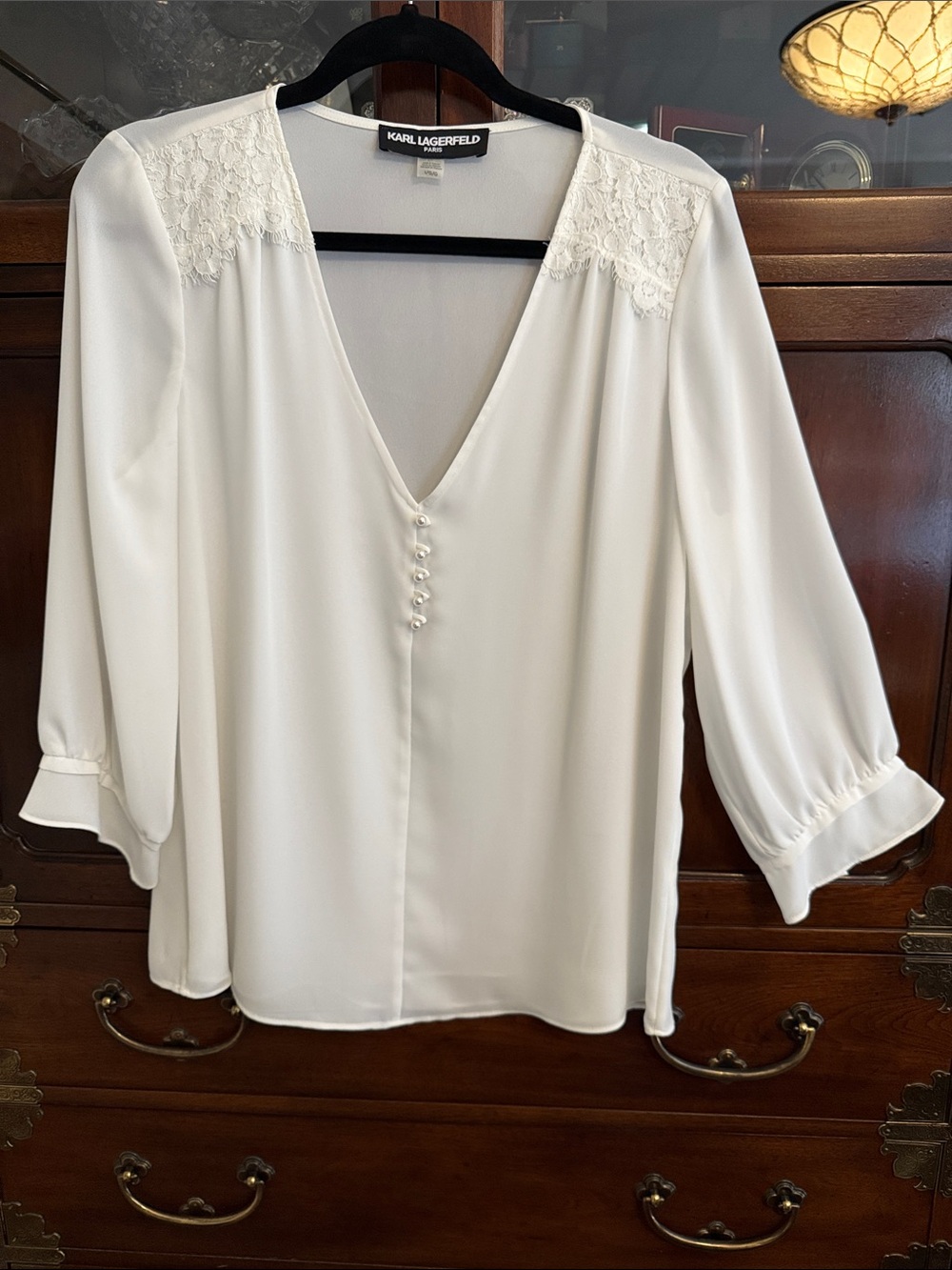 Karl Lagerfeld Ivory V-Neck Lace-Shoulder Blouse - Picture 1 of 9